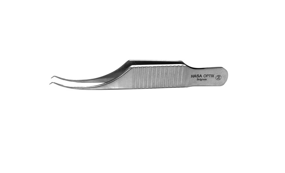 Colibri Toothed Forceps Curved Shafts, Serrated Handle, 0.12mm, 1×2 Teeth